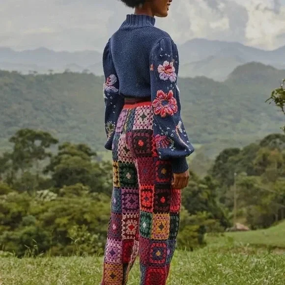 NWT FARM RIO Mosaic crochet granny square Colorful Patchwork Knit Pants medium